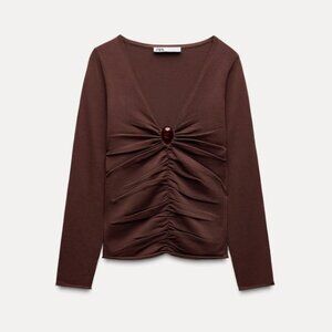 Zara Draped Knit Bobble Appliqué Top - Chocolate Brown | Size: S